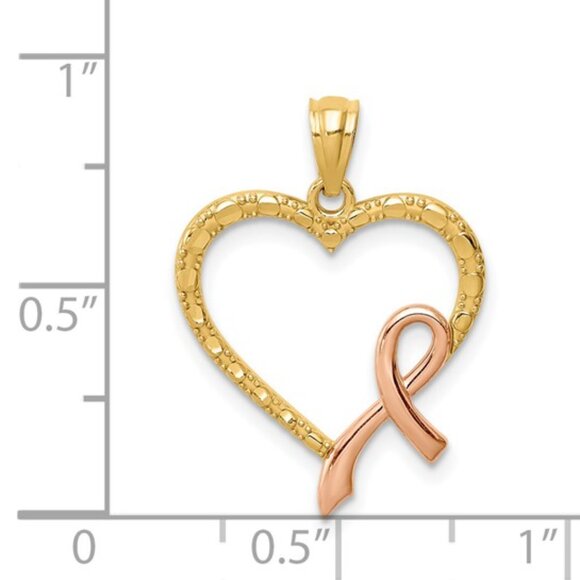 14k Two-tone Gold, Yellow Heart w Rose Gold Pink Ribbon Cancer Awareness Charm - Picture 3 of 3